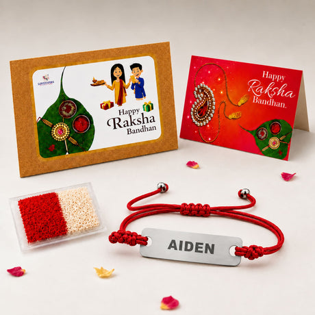 Red braided cord personalized stainless steel name rakhi bracelet engraved with aiden for brother protection gift