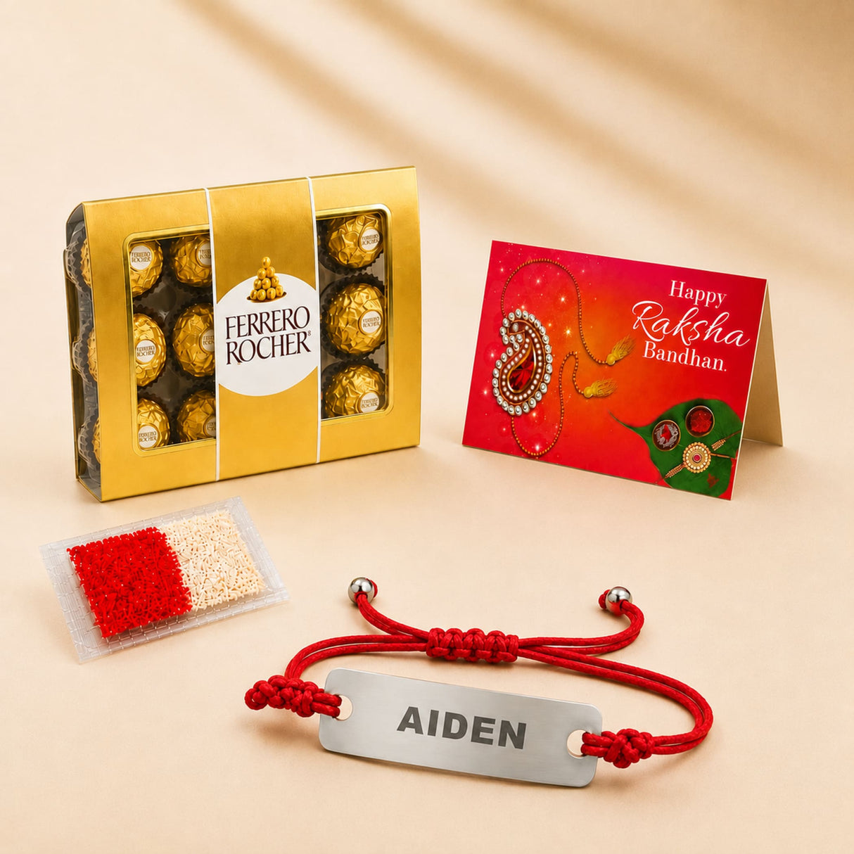 Personalized stainless steel name rakhi red braided cord bracelet with silver plate engraved with name aiden for brother