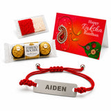 Personalized stainless steel red braided cord rakhi bracelet engraved with name aiden for brother on raksha bandhan
