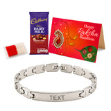 Personalized stainless steel name rakhi bracelet in silver tone with interlocking links and custom engraved plate for brother