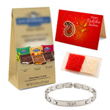 Silver stainless steel bracelet with interlocking links and custom engraving bar for personalized rakhi gift hamper