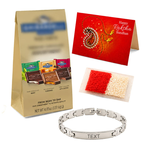 Silver stainless steel bracelet with interlocking links and custom engraving bar for personalized rakhi gift hamper