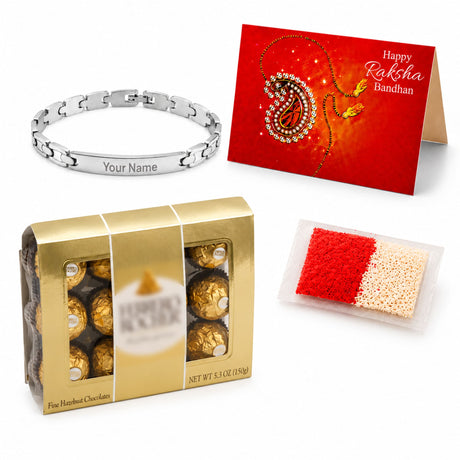 Silver stainless steel personalized engraved rakhi bracelet for brother with customizable names for raksha bandhan gift