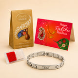 Personalized stainless steel silver-toned bracelet with interlocking links and engraved plate for raksha bandhan gift