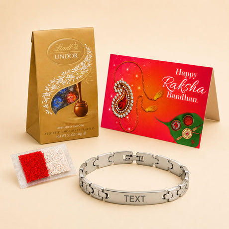 Personalized stainless steel silver-toned bracelet with interlocking links and engraved plate for raksha bandhan gift