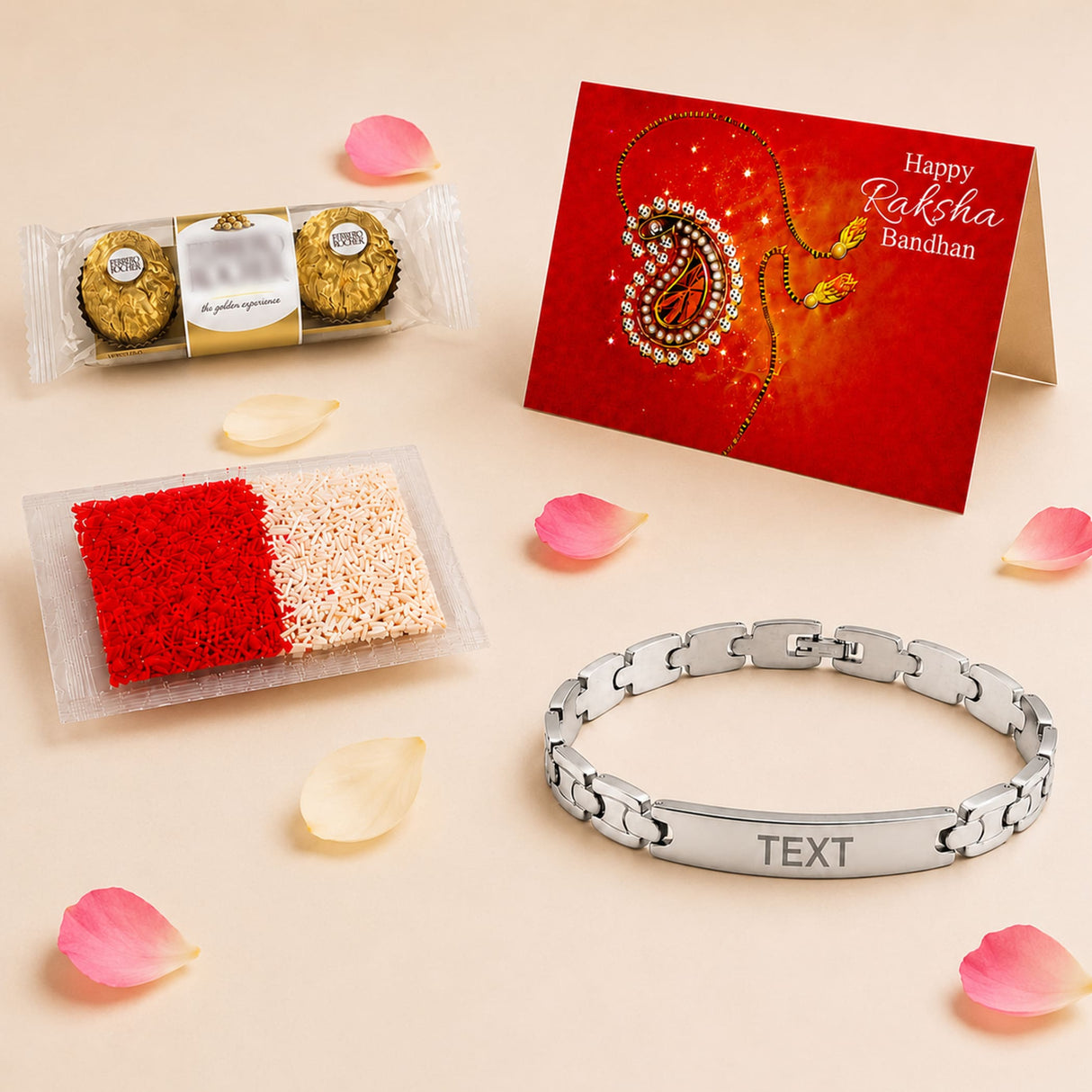 Personalized stainless steel rakhi bracelet with silver-toned interlocking links and engraved central plate for brother