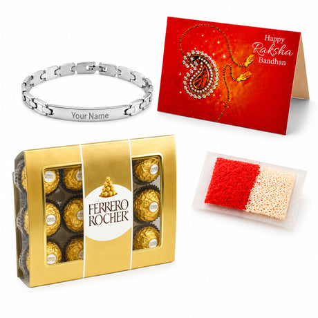 A sleek silver personalized stainless steel rakhi bracelet with custom engraving for Raksha Bandhan gift