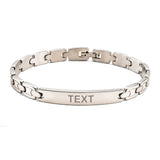 Personalized silver-toned stainless steel rakhi bracelet with sleek interlocking links and custom engraved rectangular plate