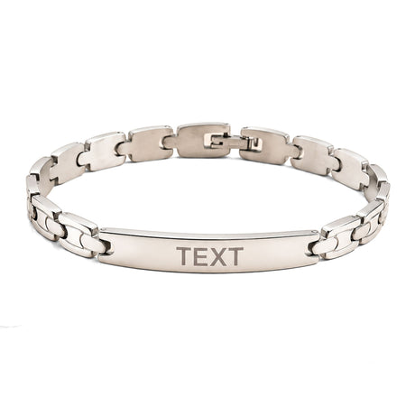 Personalized silver-toned stainless steel rakhi bracelet with sleek interlocking links and custom engraved rectangular plate