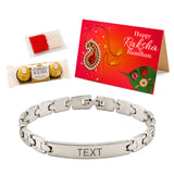 Personalized stainless steel name rakhi bracelet for brother with silver-toned interlocking links and engraved bar