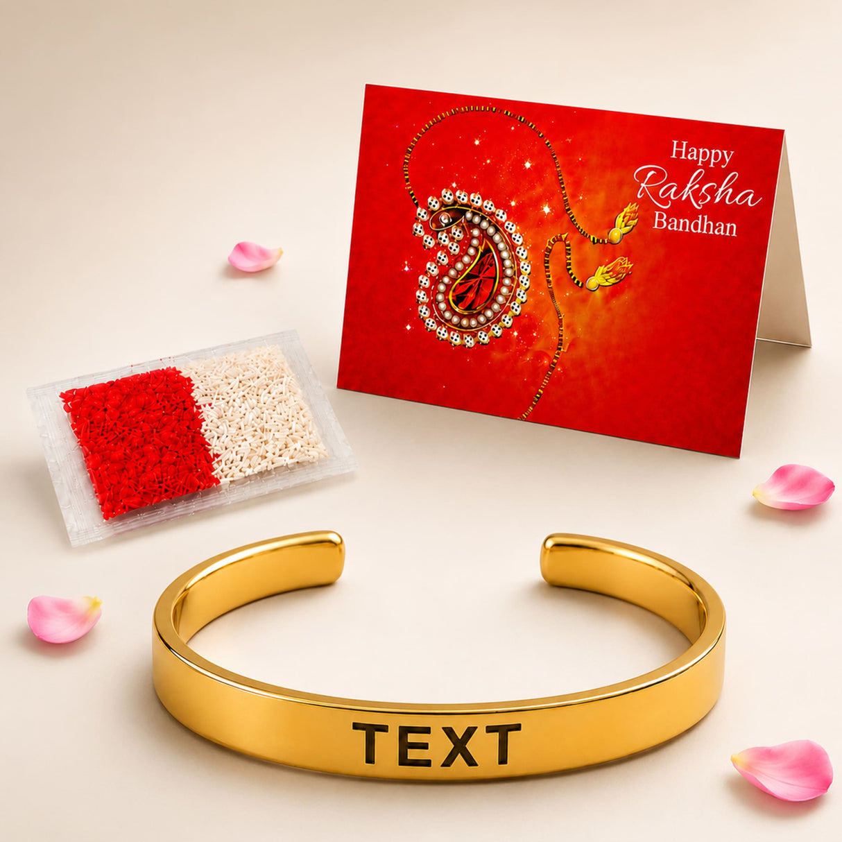 Gold-colored metal cuff bracelet with custom engraved text for brother made of stainless steel for Raksha Bandhan gift