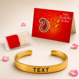 Gold-colored metal cuff bracelet with custom engraved text for brother made of stainless steel for Raksha Bandhan gift