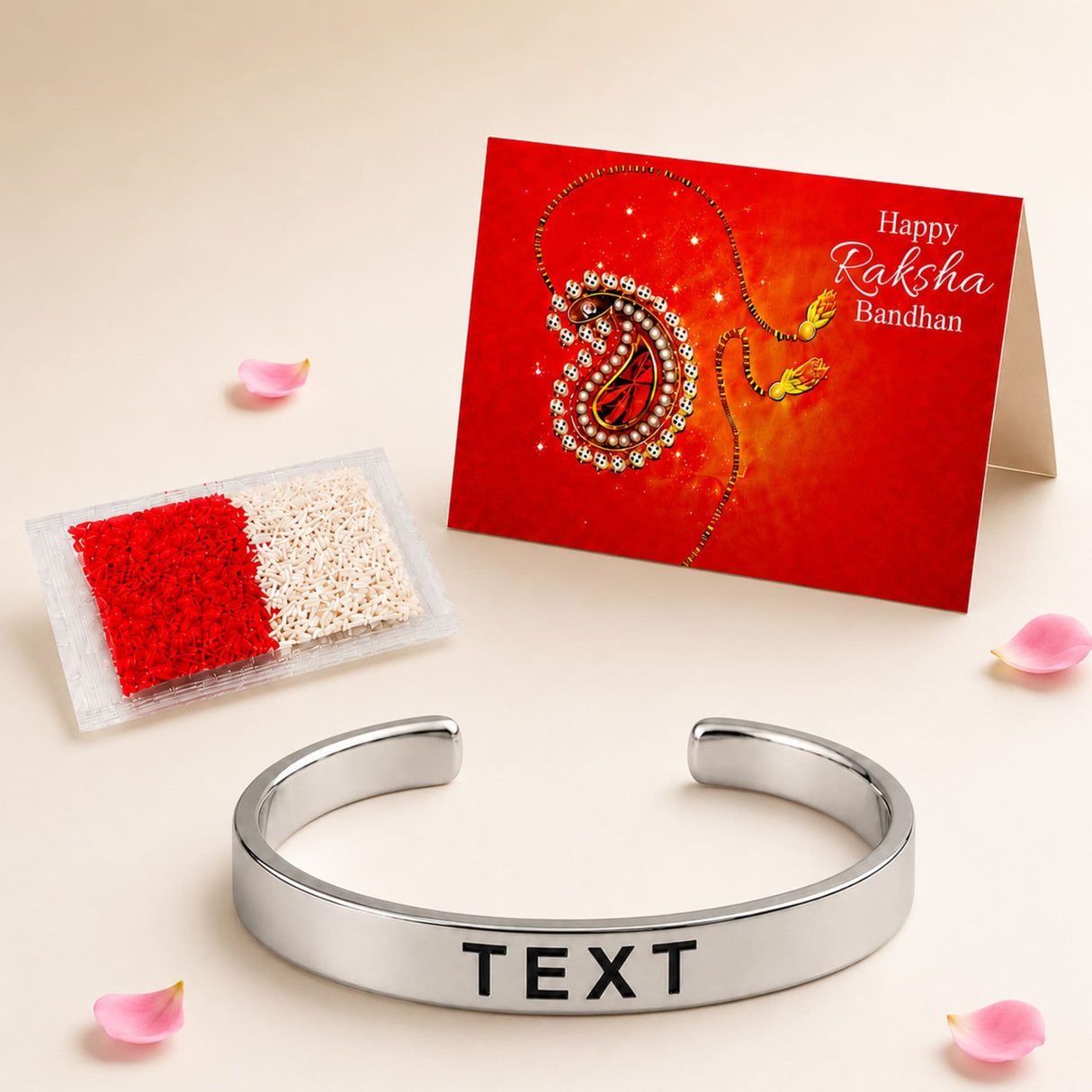 Silver stainless steel open cuff bracelet engraved with custom text for personalized rakhi gift for brother protection and luck