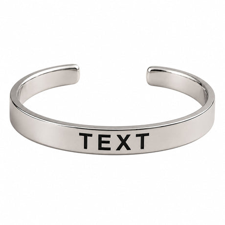 Personalized stainless steel silver-toned open cuff bracelet with smooth finish and engraved black text for raksha bandhan