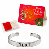 Silver personalized stainless steel cuff bracelet with custom engraved name for raksha bandhan gift protection and good luck