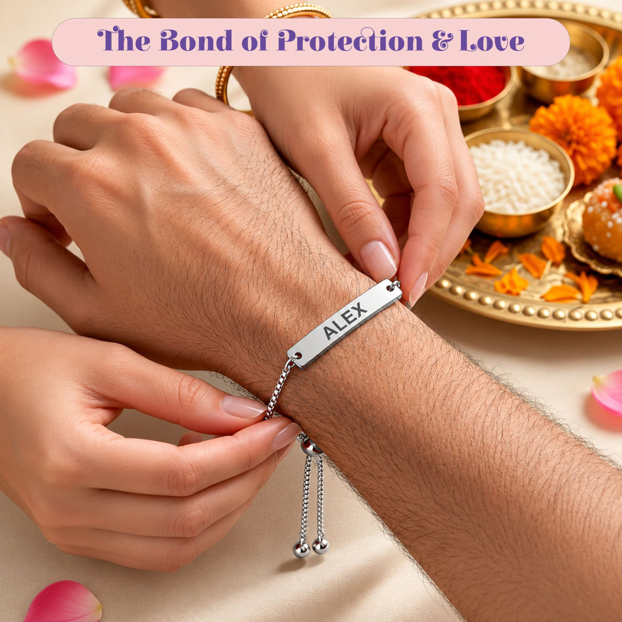 Personalized silver stainless steel rectangular nameplate rakhi bracelet with adjustable chain and alex engraving