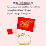 Personalized gold-colored stainless steel name rakhi with adjustable beaded chain and engraved rectangular plate for brother