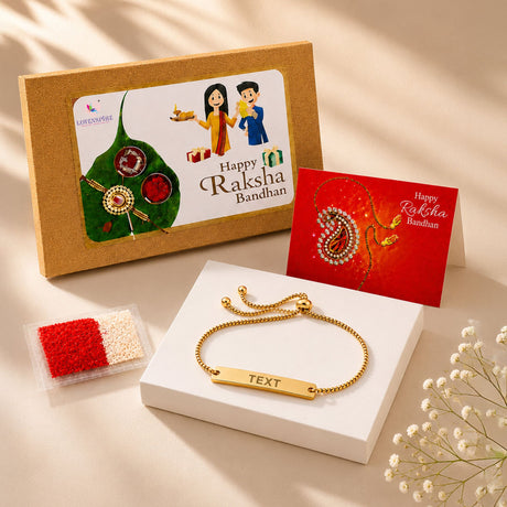 Gold-colored personalized stainless steel adjustable bracelet with rectangular engraved bar and beaded chain for brother