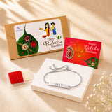 Silver beaded personalized stainless steel rakhi bracelet with rectangular bar charm and adjustable chain for brother protection