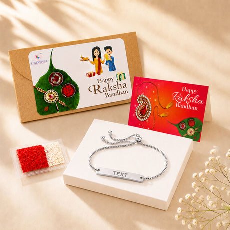Silver beaded personalized stainless steel rakhi bracelet with rectangular bar charm and adjustable chain for brother protection