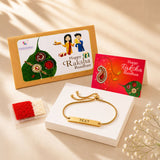 Gold-colored stainless steel adjustable bracelet with rectangular engraved bar and beaded chain for raksha bandhan gift