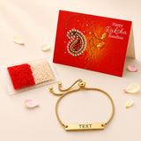 Gold-colored stainless steel adjustable bracelet with rectangular engraved bar personalized for raksha bandhan gift