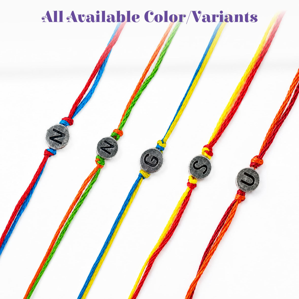 Colorful braided cord designer custom single letter rakhi bracelets with silver toned engraved initial charms for protection and luck