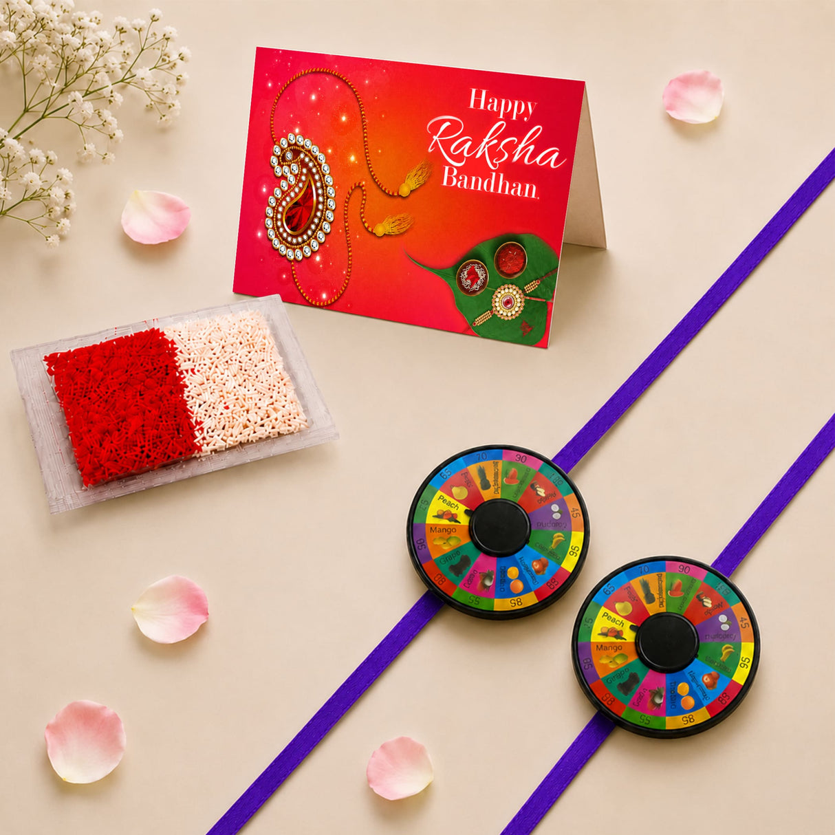 Two purple pin wheel rakhi bands with colorful fruit illustrations and numbers designed as protective bracelets for kids