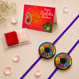 Two purple pin wheel rakhi bands with colorful fruit illustrations and numbers designed as protective bracelets for kids