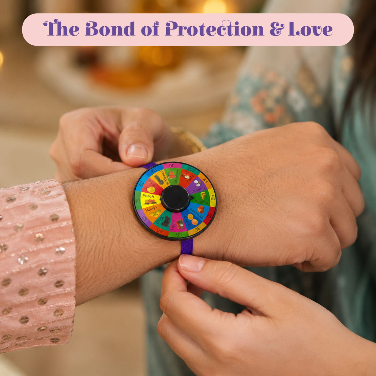 Pin wheel rakhi 2 pcs featuring colorful circular spinner bracelets with black centers and vibrant emoji and number segments
