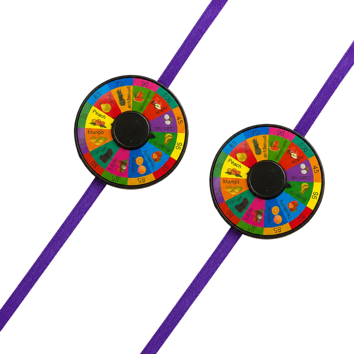 Purple fruit-themed spinning wheel keychains with colorful labeled segments in pin wheel rakhi set for brother protection gift