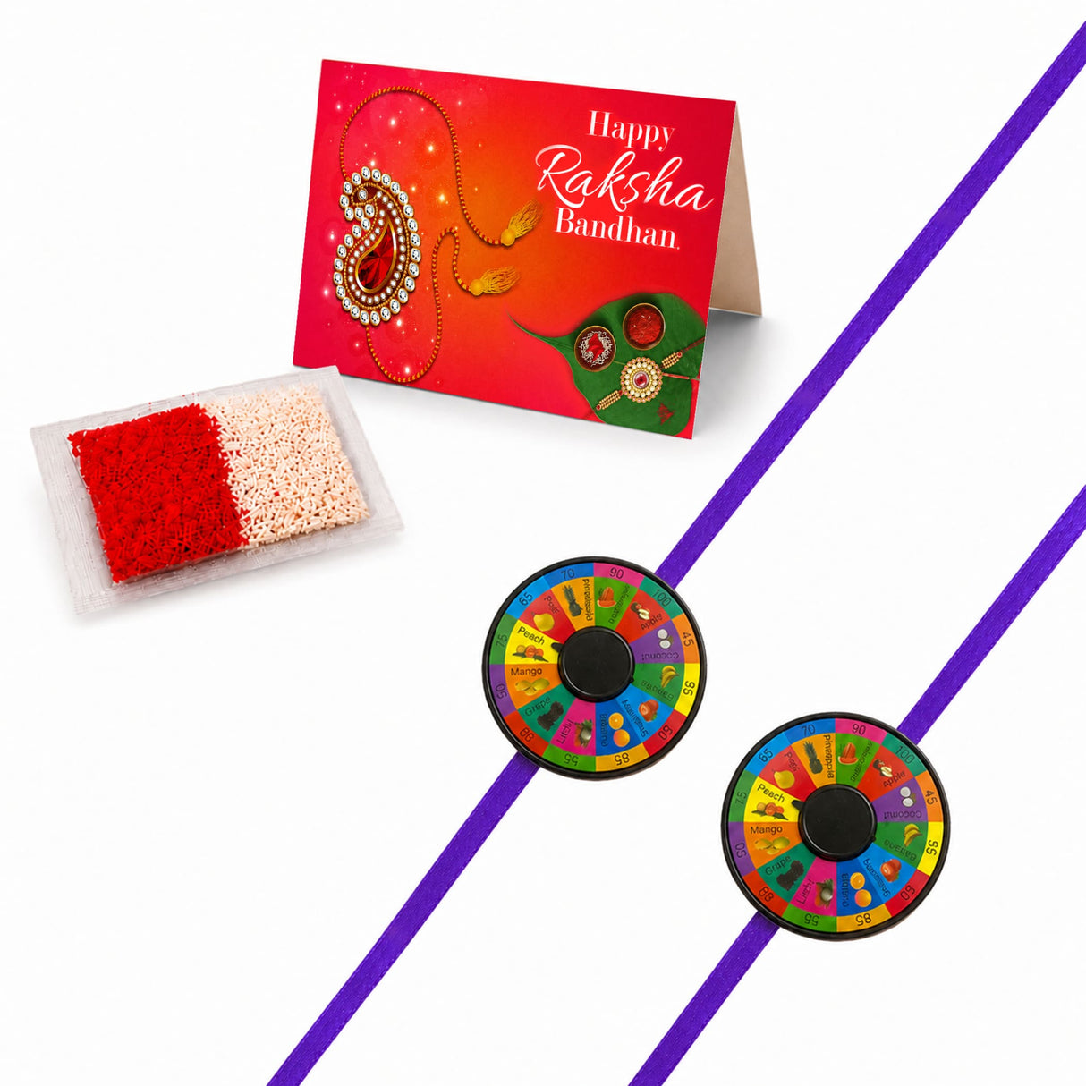 Two purple pin wheel rakhi bands for kids featuring colorful spinning wheel designs with fruit illustrations and numbers