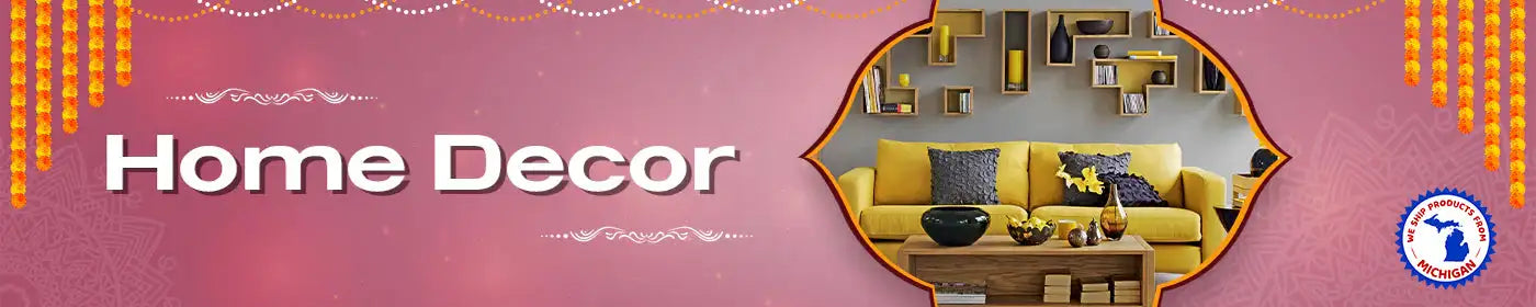 Pink banner with ’Home Decor’ text and a decorative room photo inset.