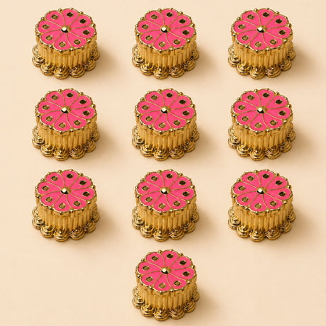 Traditional floral pink haldi kumkum holder enamel pin with gold metallic finish for pooja and festive gifts