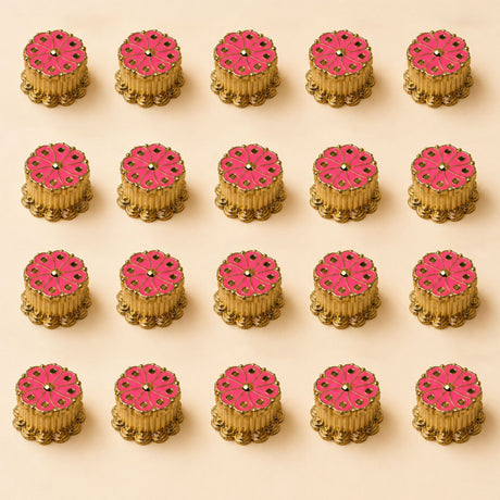 Pink and gold floral shaped decorative metallic buttons for traditional haldi kumkum holder pooja return gift items