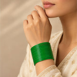 Bright green glossy plain glass bangles stacked on wrist for women and girls wedding jewelry accessory