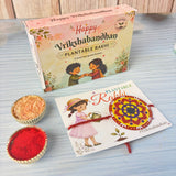 A colorful circular plantable seed rakhi bracelet with yellow and red mandala design on a white card for brother and bhabhi