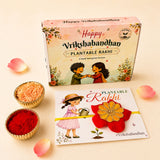 A vibrant red and gold plantable seed rakhi bracelet with a metallic accent for brother and bhabhi in vrikshabandhan