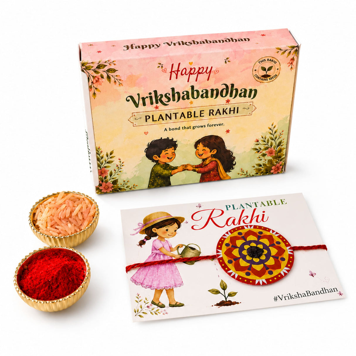 A colorful circular plantable seed rakhi bracelet with yellow and red mandala design on a wooden base for brother and bhabhi
