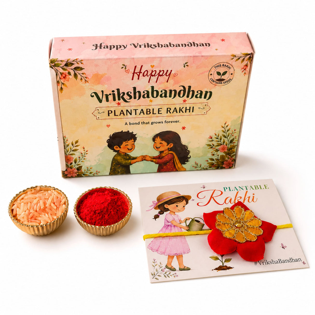 Red and gold floral plantable seed rakhi with yellow ribbon handmade for brother and bhabhi ecofriendly Raksha Bandhan gift