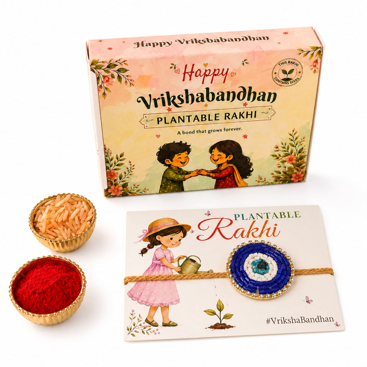 Blue and white mosaic eye-shaped plantable seed rakhi with gold-toned rope binding for brother and bhabhi gift