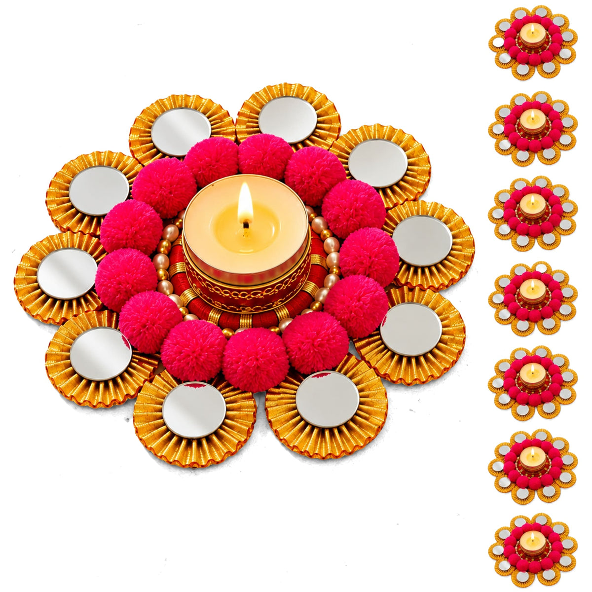 Vibrant pink pom-pom and gold-rimmed rangoli mat tealight candle holder with lit tealight for festive decor