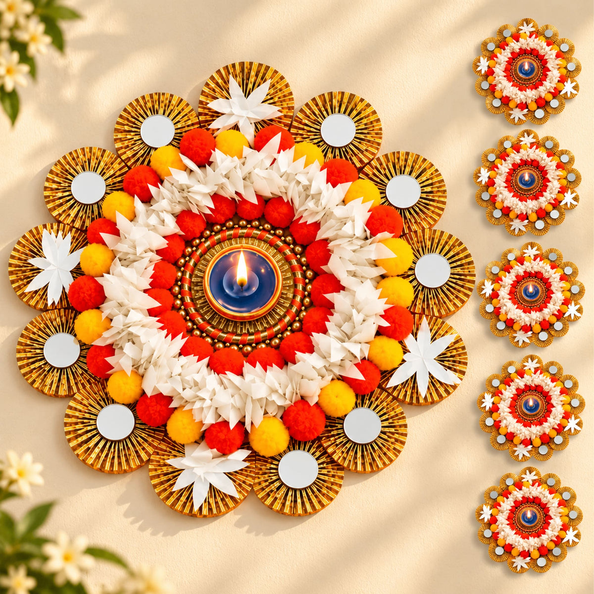 Rangoli mat tealight candle holder with central lit diya, red and yellow pom-poms, white flowers, and gold mirrors for home decor