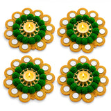 Green pom-pom and gold mirror flower-shaped rangoli mat tealight candle holders for festive home decor and gifting