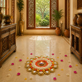 Tea light candle holder rangoli mat featuring a vibrant circular design of white and orange flowers with gold accents for festive decor