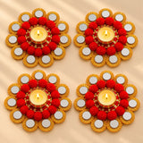 Rangoli mat tealight candle holder 7 inch red and gold floral decorative diya stand with mirrored accents for festive decor