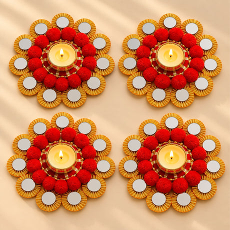 Rangoli mat tealight candle holder 7 inch red and gold floral decorative diya stand with mirrored accents for festive decor