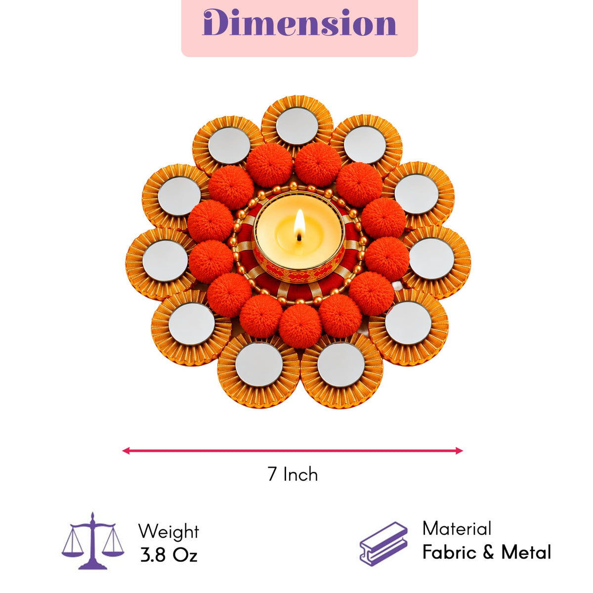 Rangoli mat tealight candle holder with lit central tea light orange pom-poms metallic discs festive decor