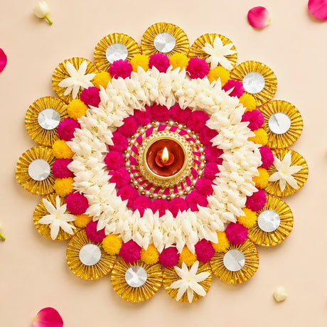 Tea light candle holder rangoli mat with vibrant jasmine flowers pink yellow pom-poms gold foil and central diya for festive decor