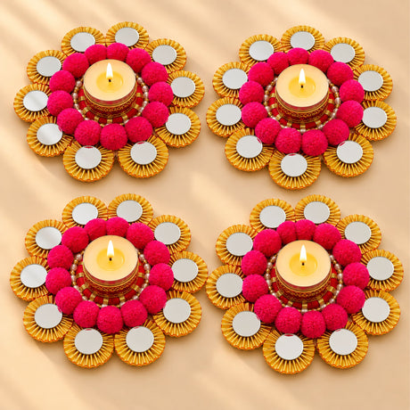 Vibrant pink and gold rangoli mat tealight candle holder with mirrored petals for festive home decor and gifting